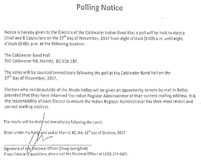Coldwater Band Polling Notice Nov 27 2017